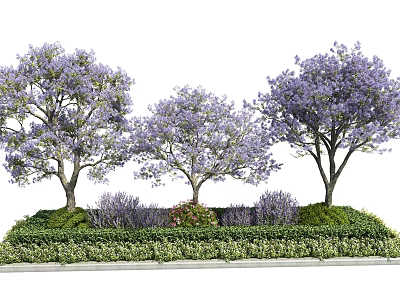 Beautiful Trees With Purple Flowers Surrounded By Green Grass And Shrubs 3d model