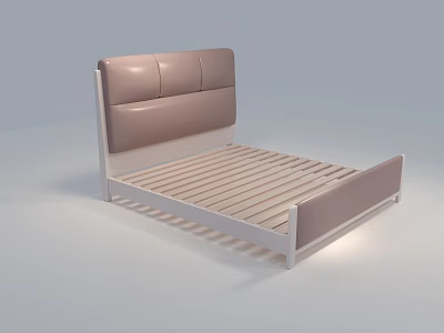 Modern Double Bed With Light Brown Leather Headboard And White Frame Wooden Slats 3d model
