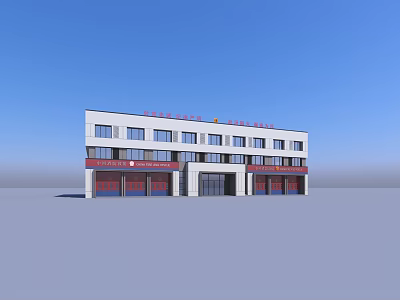 Modern Two Story Fire Station Building With White Exterior Red Doors And Large Windows 3d model