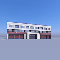 Modern Two Story Fire Station Building With White Exterior Red Doors And Large Windows