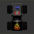 Black Monster Truck With Flame Graphics Large Off Road Tires And Roof Mounted Lights