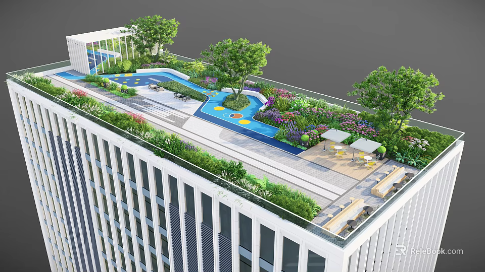 Urban Rooftop Garden with Swimming Pool Lush Greenery Trees and Seating Lounge 3d model 