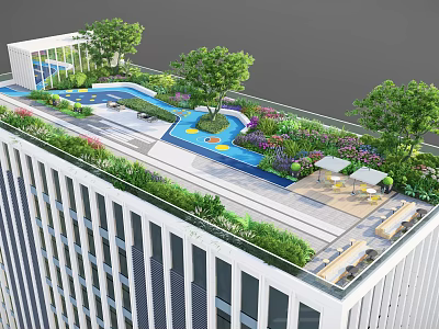 Urban Rooftop Garden with Swimming Pool Lush Greenery Trees and Seating Lounge 3d model