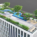 Urban Rooftop Garden with Swimming Pool Lush Greenery Trees and Seating Lounge
