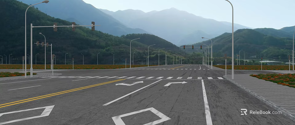 Road Infrastructure With Traffic Lights Street Lamps And Lane Markings In Mountainous Area 3d model 