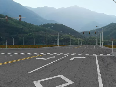 Road Infrastructure With Traffic Lights Street Lamps And Lane Markings In Mountainous Area 3d model