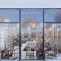 Modern Milk Tea Shop Interior With Hanging Lights Wooden Tables And Decorative Shelves