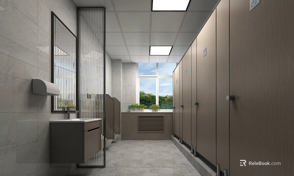 Public Restroom Modern Interior With Stalls Sink Mirror Window And Plants 3d model