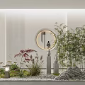 Modern Zen Courtyard Garden With Circular Lit Gate Bamboo Plants Crane Statues And Rock Formations