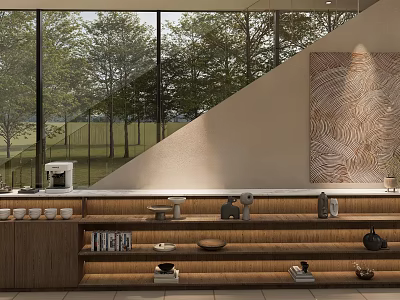Modern Dining and Living Room with Large Windows Tree View Wooden Open Shelves Abstract Art 3d model
