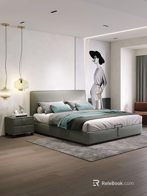 Modern Gray Double Bed with Headboard Pillows Blanket Nightstand Lamp and Wall Art 3d model 
