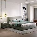 Modern Gray Double Bed with Headboard Pillows Blanket Nightstand Lamp and Wall Art