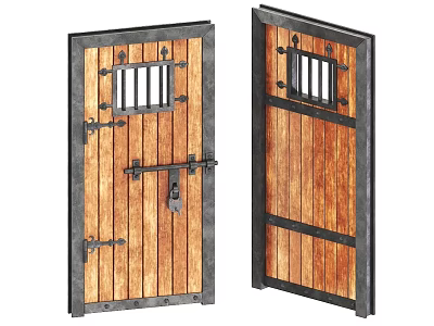 Vintage Wooden Gate With Metal Frame Small Window Pane And Latch 3d model