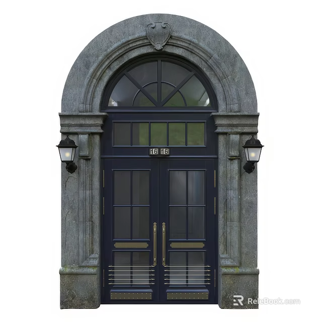 Elegant Dark Blue Double Hinged Door With Glass Panels Golden Handles Stone Frame Arched Lintel 3d model 