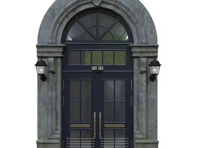 Elegant Dark Blue Double Hinged Door With Glass Panels Golden Handles Stone Frame Arched Lintel 3d model