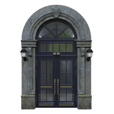 Elegant Dark Blue Double Hinged Door With Glass Panels Golden Handles Stone Frame Arched Lintel 3d model