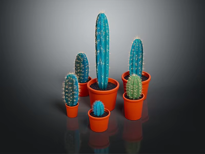 Multiple Blue Green Cacti in Orange Pots Various Sizes Decorative Household Plants on Dark Background 3d model