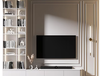 Modern TV Wall Design With White Panels Built-in Bookshelves Decor And Flat Screen TV 3d model