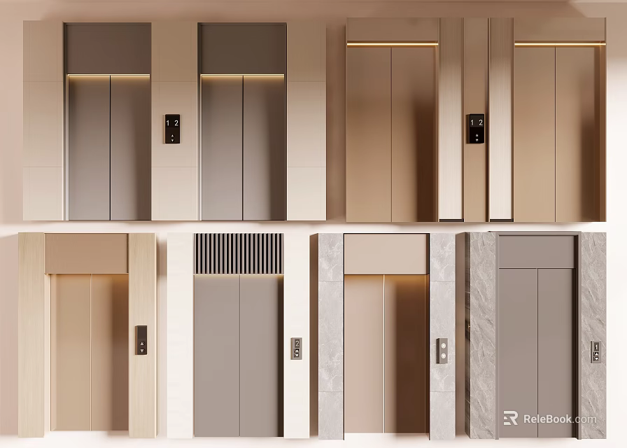 Different Modern Elevator Door Designs Featuring Various Colors Textures And Frames 3d model 