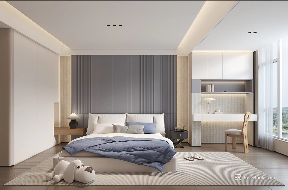 Modern Kids Room With Bed Stuffed Toy Desk Chair Gray Wall And White Furniture 3d model 