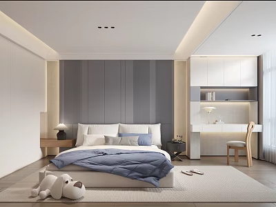 Modern Kids Room With Bed Stuffed Toy Desk Chair Gray Wall And White Furniture 3d model
