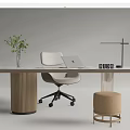 Modern Office Desk With Wooden Legs Laptop Green Plant Lamp White Chair Beige Stool
