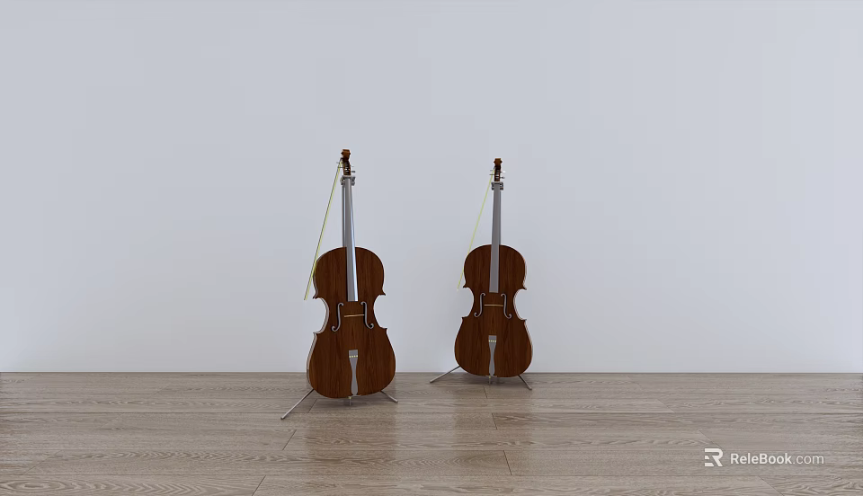 Two Wooden Cellos Musical Instruments On Stand With White Background Wooden Floor 3d model 