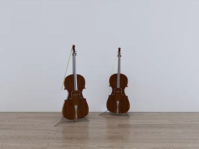 Two Wooden Cellos Musical Instruments On Stand With White Background Wooden Floor 3d model