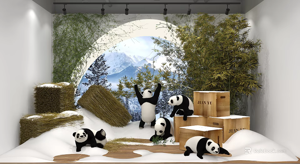 Public Office Area Interior With Pandas Hay Stacks Wooden Crates And Snowy Mountain Bamboo Backdrop 3d model 