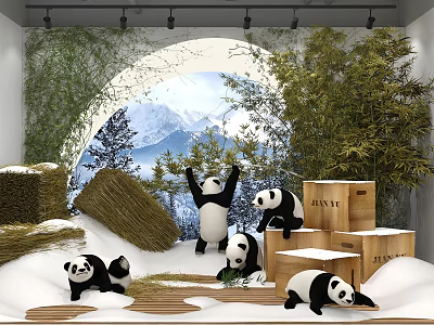 Public Office Area Interior With Pandas Hay Stacks Wooden Crates And Snowy Mountain Bamboo Backdrop 3d model