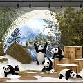 Public Office Area Interior With Pandas Hay Stacks Wooden Crates And Snowy Mountain Bamboo Backdrop