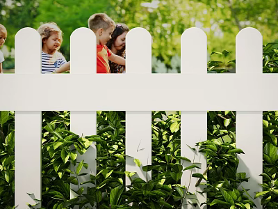 Residential Building Exterior Wall With White Picket Fence Green Foliage And Children Enjoying Sunlight 3d model