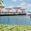 Waterfront Landscape Design With White Canopy Structures Wooden Walkway Track And Green Lawn