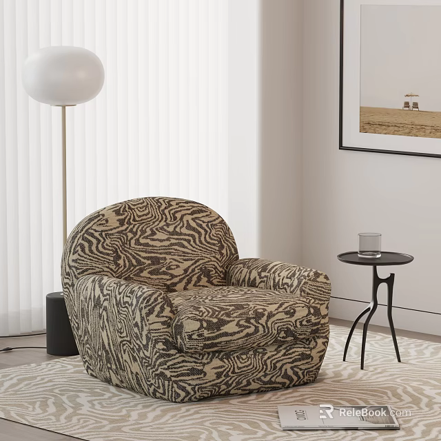 Zebra Pattern Single Armchair in Living Room with Side Table and Floor Lamp 3d model 