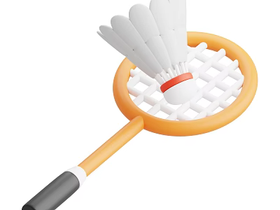 Orange Frame Badminton Racket With Net Design White Shuttlecock And Gray Handle Sports Equipment 3d model
