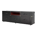 Black Entryway Console Cabinet With Multiple Drawers Red Lined Compartment Metal Accents And Wheels