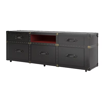 Black Entryway Console Cabinet With Multiple Drawers Red Lined Compartment Metal Accents And Wheels 3d model