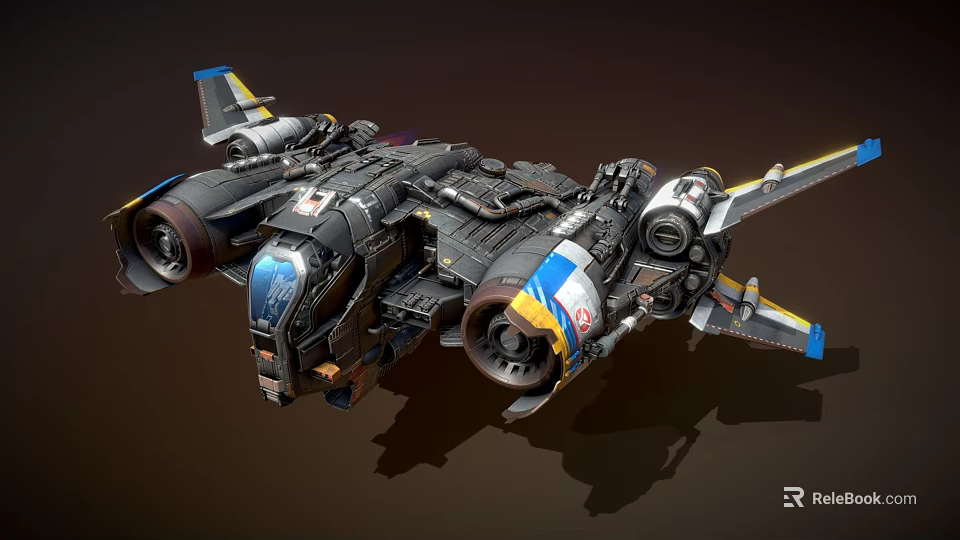 Futuristic Sci Fi Spaceship With Mechanical Engines Blue Yellow Accents And Detailed Structure 3d model 