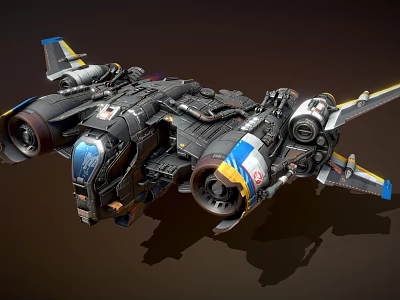 Futuristic Sci Fi Spaceship With Mechanical Engines Blue Yellow Accents And Detailed Structure 3d model