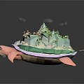 Cartoon Scene Featuring Pink Turtle Carrying Island With Green Plants Little Figures and Clouds