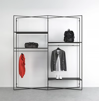 Black Metal Display Shelf With Backpack Handbag Jacket Red Garment And White Shoes 3d model