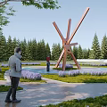 Scenic Park Landscape With Large Sculpture Green Lawns Purple Flower Beds Visitors And Coniferous Forest