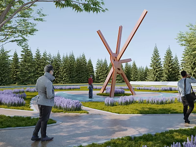 Scenic Park Landscape With Large Sculpture Green Lawns Purple Flower Beds Visitors And Coniferous Forest 3d model