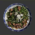 Chinese Traditional Dish On Blue And White Patterned Plate With Green Vegetables And Meat Pieces
