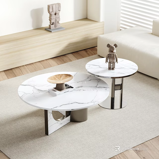 Modern Round Marble Coffee Table With Metal Base And Bear Figurine 3d model