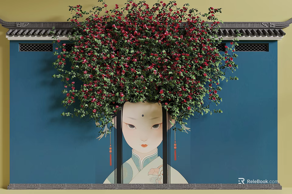 Lush Vines With Red Flowers Adorning Traditional Female Figure On Blue Background 3d model 