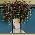 Lush Vines With Red Flowers Adorning Traditional Female Figure On Blue Background
