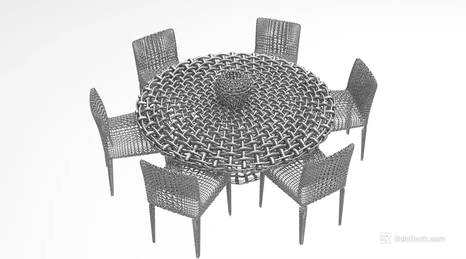 Modern Woven Round Dining Table Set With Six Chairs Stylish Design 3d model 