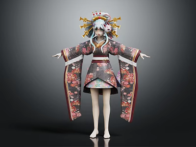 Anime Character in Traditional Kimono with Fox Spirit Creature Companion 3d model