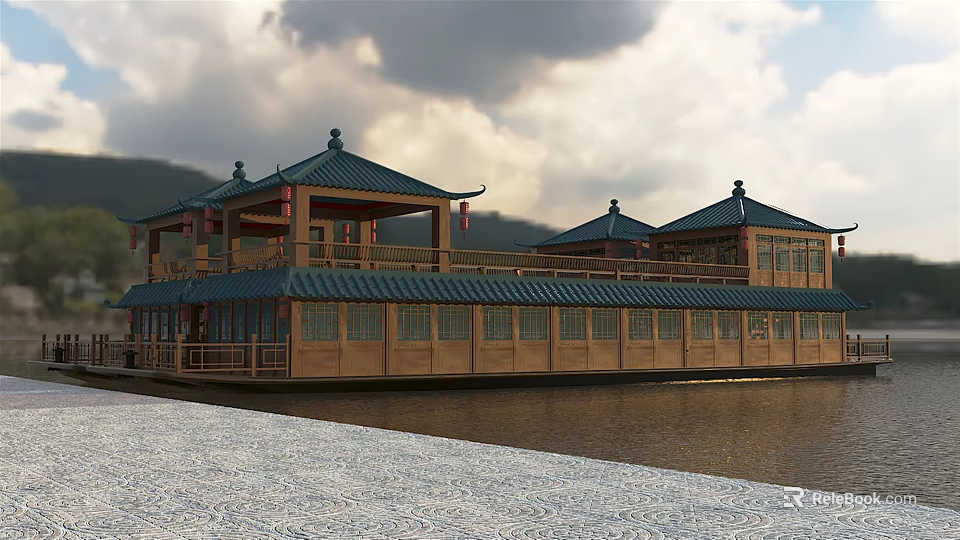 Traditional Chinese Style River Cruise Ship On Water 3d model 